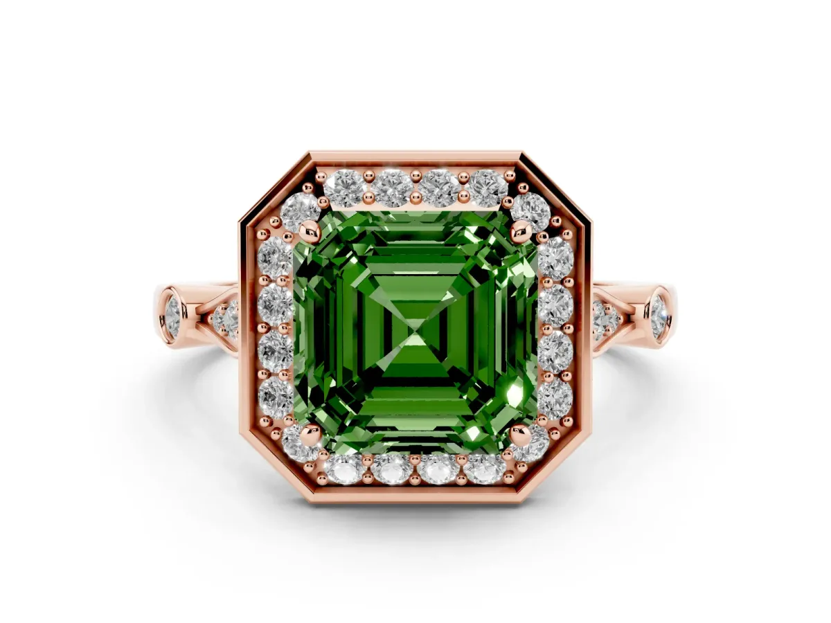 Fancy Green Asscher Cut Diamond Halo Engagement Ring Set in Rose gold with Twisted Band and Prong Setting