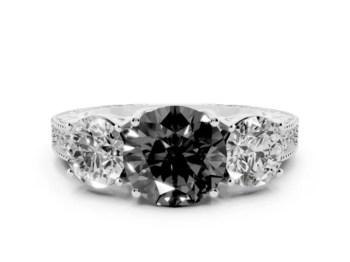 Fancy Black Round Cut Diamond Three-Stone Engagement Ring Set in Platinum with Milgrain Pavé Band