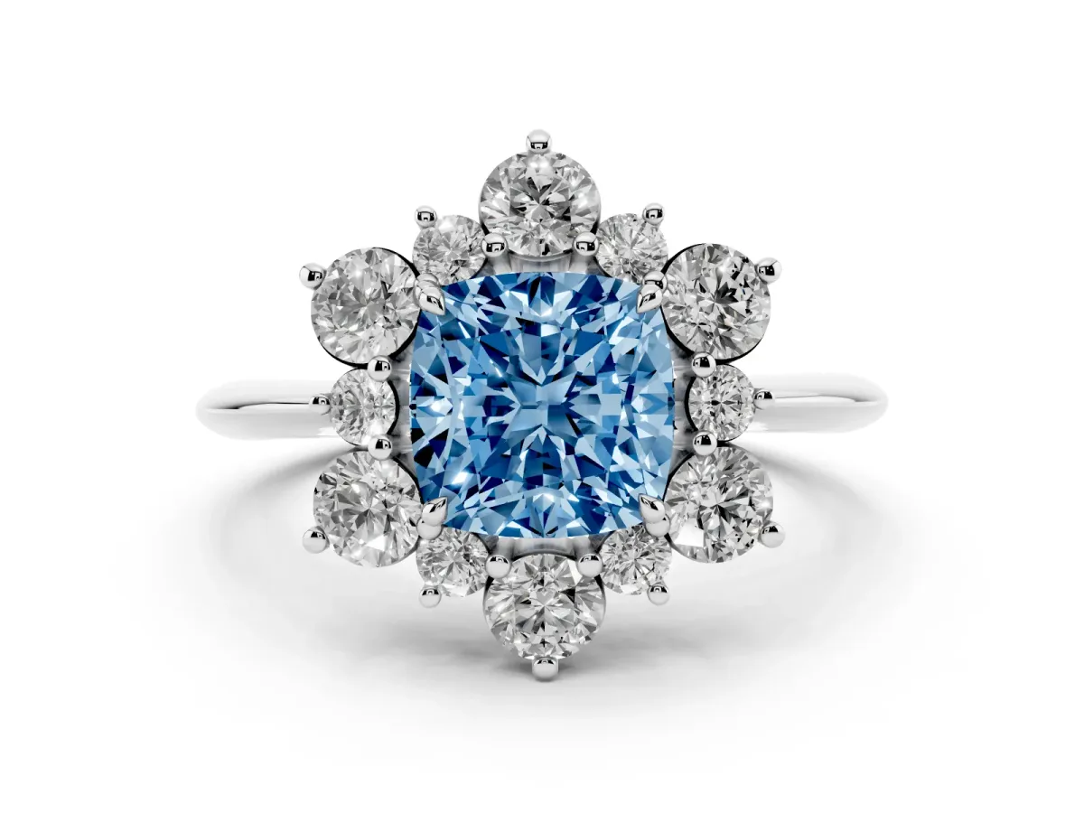 Fancy Blue Cushion Cut Diamond Cluster Halo Ring Set in White gold with Solitaire Band and Prong Setting