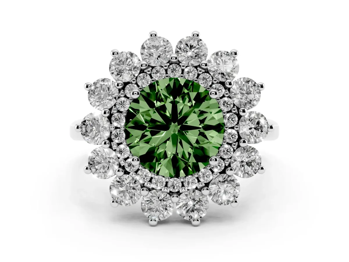 Fancy Green Round Cut Diamond Floral Double Halo Ring Set in Silver with Round Petals