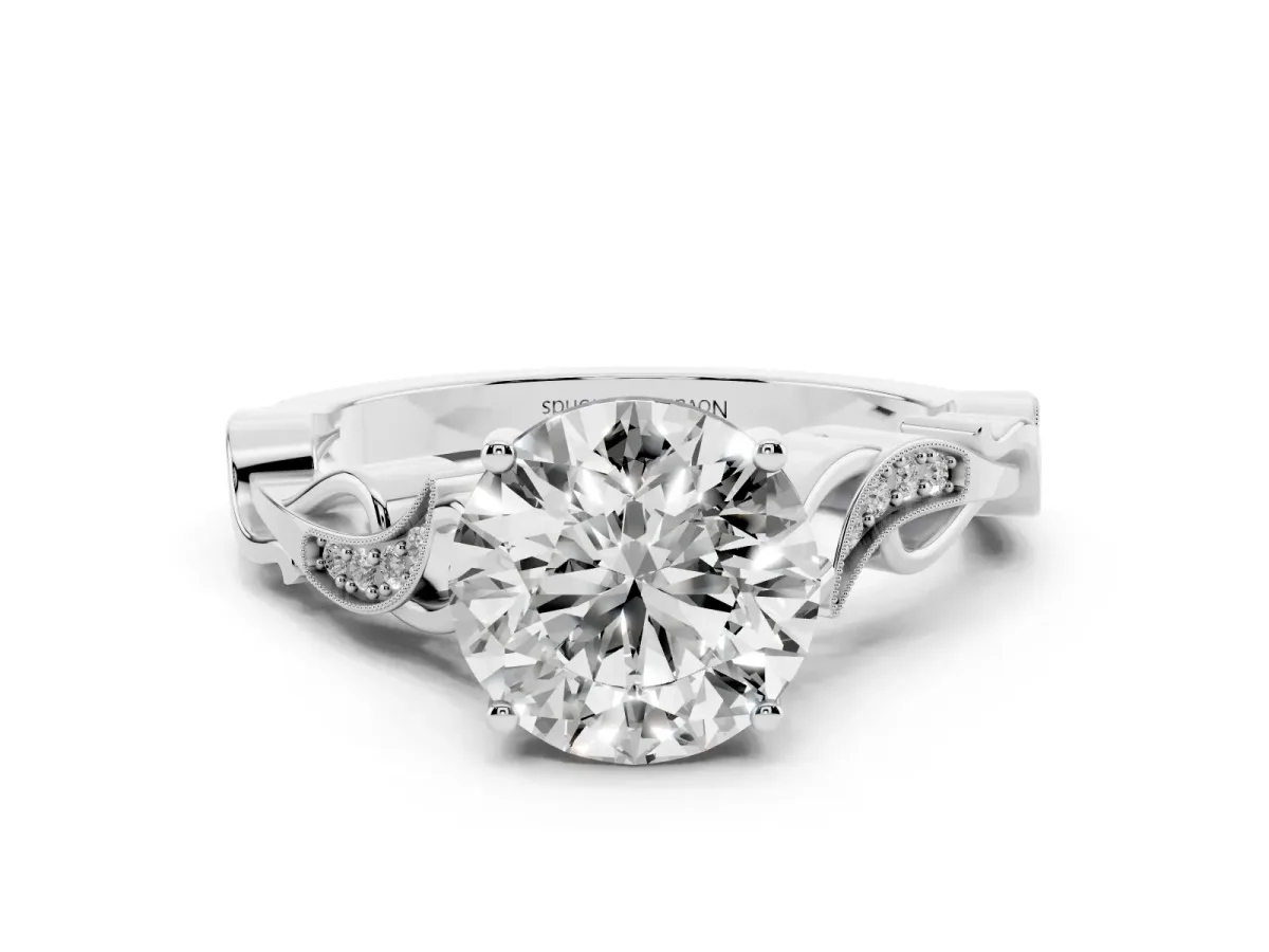 Round Cut Diamond Vine Band Solitaire Ring Set in Silver with Milgrain Prong Setting