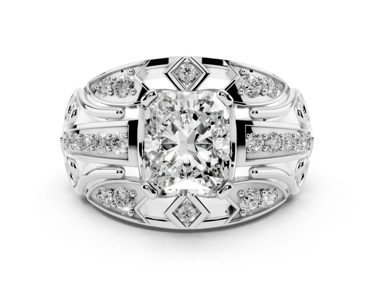 Radiant Cut Diamond Art Deco Ring Set in White gold with Pavé Split Shank
