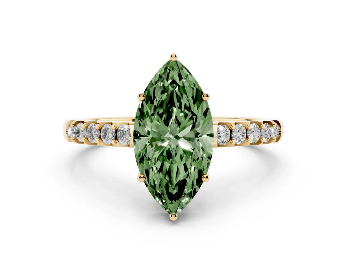 Fancy Green Marquise Cut Diamond Solitaire Engagement Ring Set in Yellow gold with Pavé Band and Prong Setting