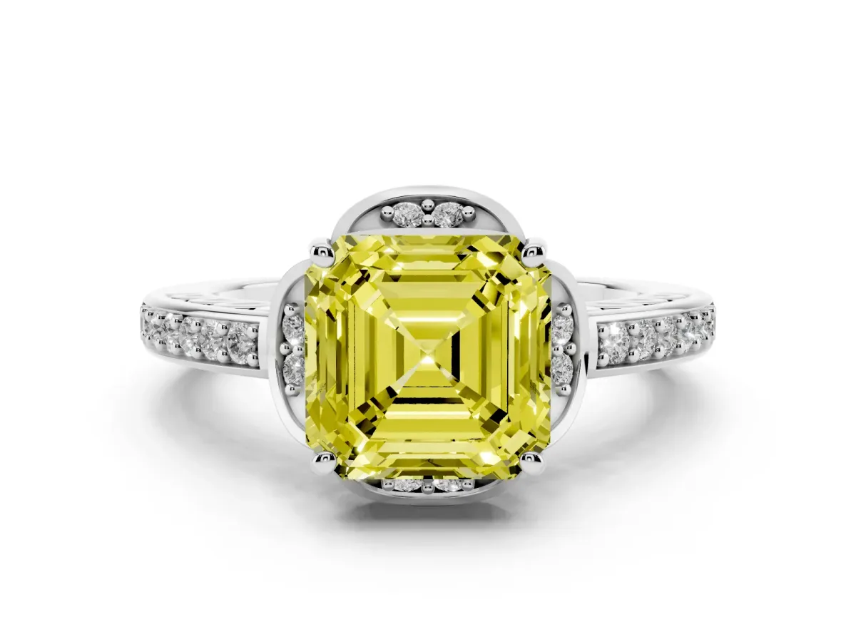Fancy Yellow Asscher Cut Diamond Halo Ring Set in White gold with Channel Set Band and Prong Setting