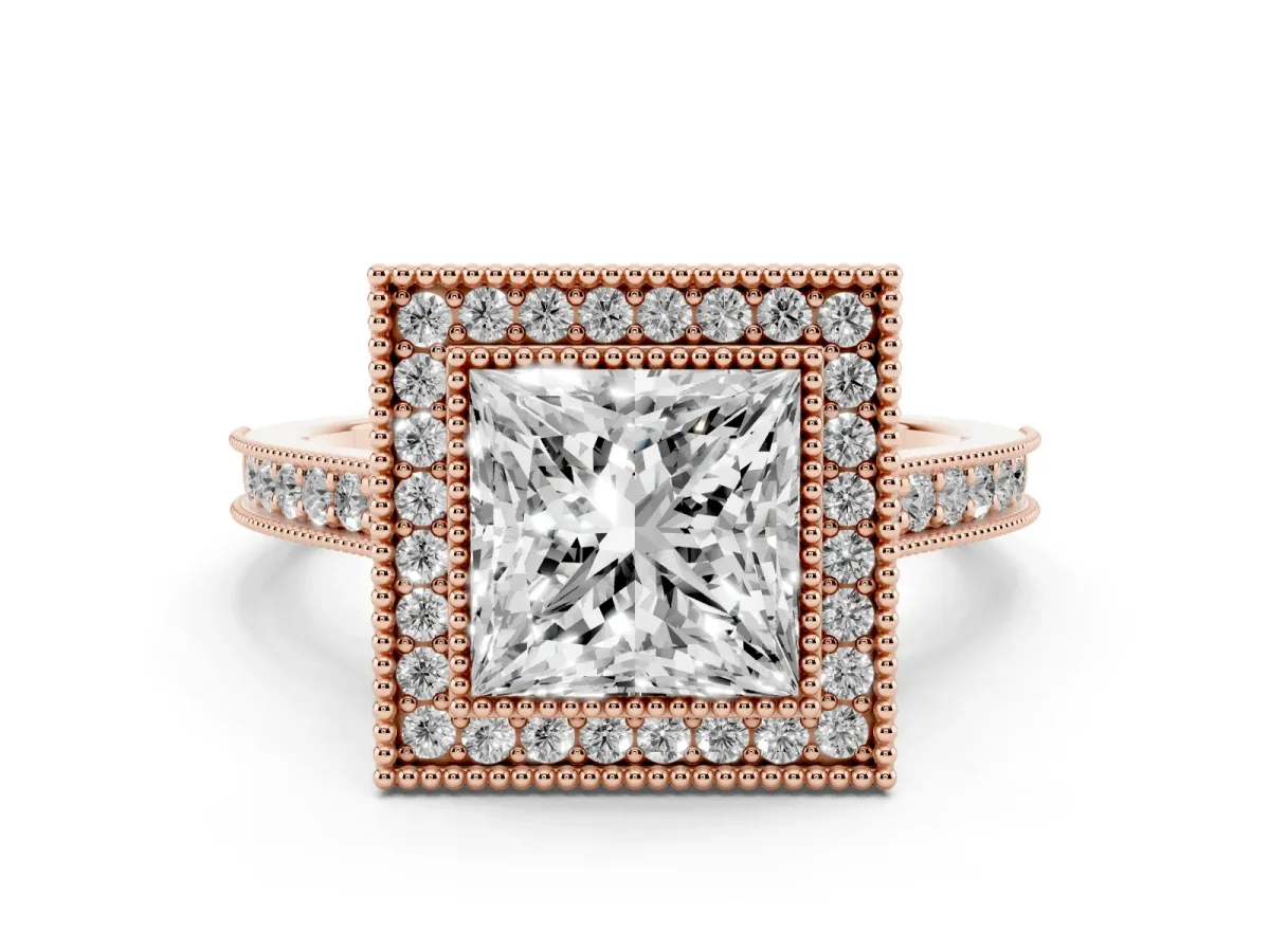Princess Cut Diamond Halo Milgrain Pavé Band Ring Set in Rose gold with Prong Setting
