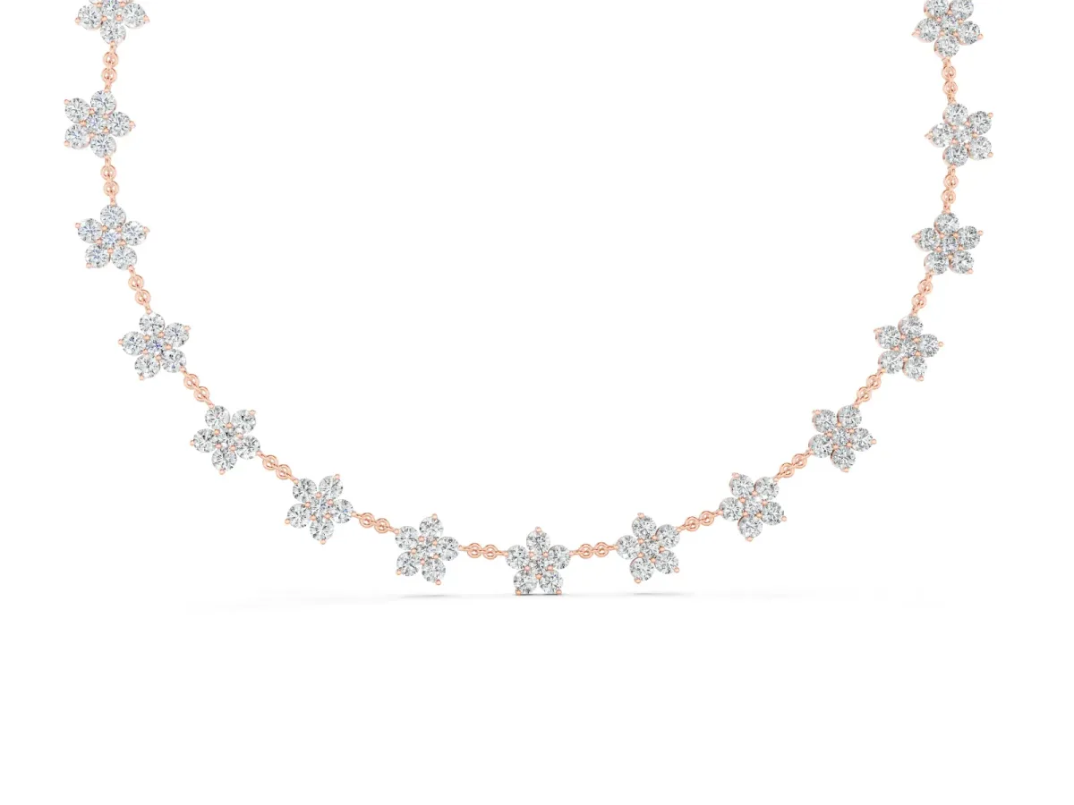 Round Diamond Floral Station Necklace Set in Rose gold with Accent Centers