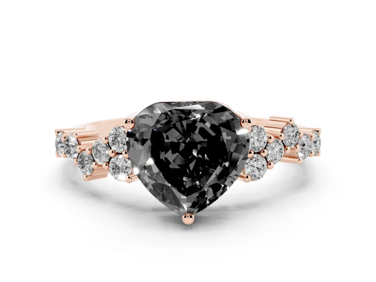 Fancy Black Heart Cut Diamond Ring Set in Rose gold with Scattered Round Accents