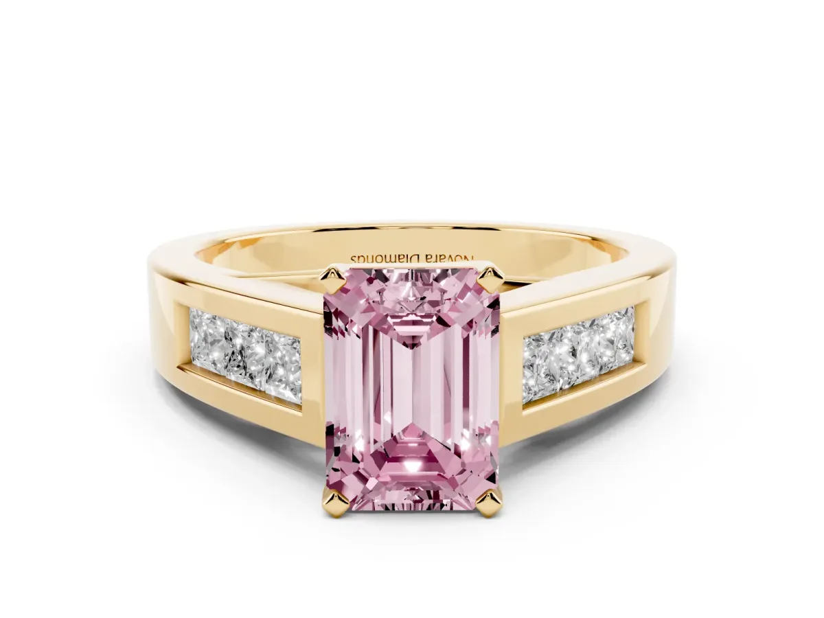 Fancy Pink Emerald Cut Diamond Solitaire Ring Set in Yellow gold with Channel-Set Accent Stones and Prong Setting