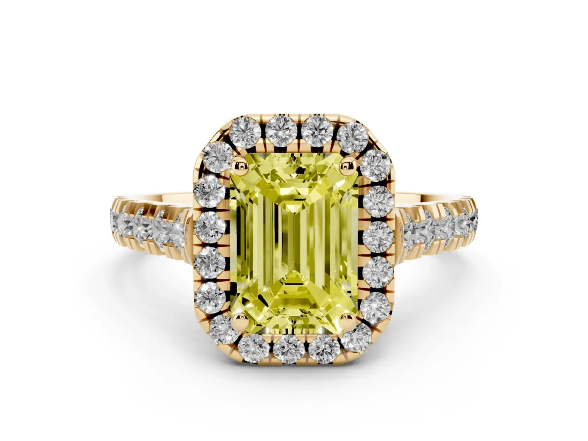 Fancy Yellow Emerald Cut Diamond Halo Engagement Ring Set in Yellow gold with Pavé Band and Prong-Set Center