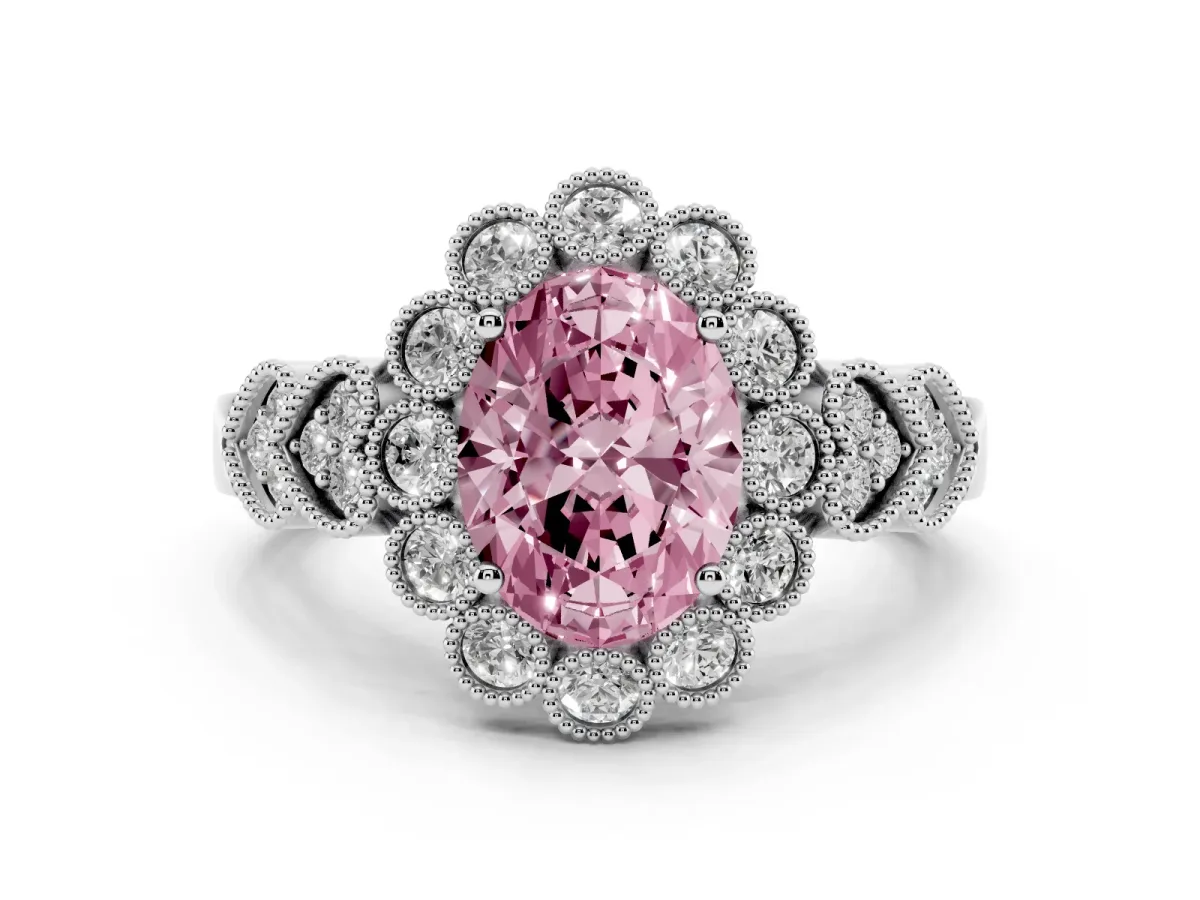 Fancy Pink Oval Cut Diamond Solitaire Ring Set in Silver with Milgrain Pavé Heart Band