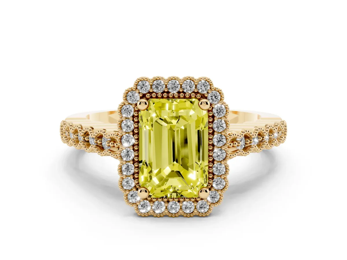 Fancy Yellow Radiant Cut Diamond Halo Ring Set in Yellow gold with Pavé Milgrain Band