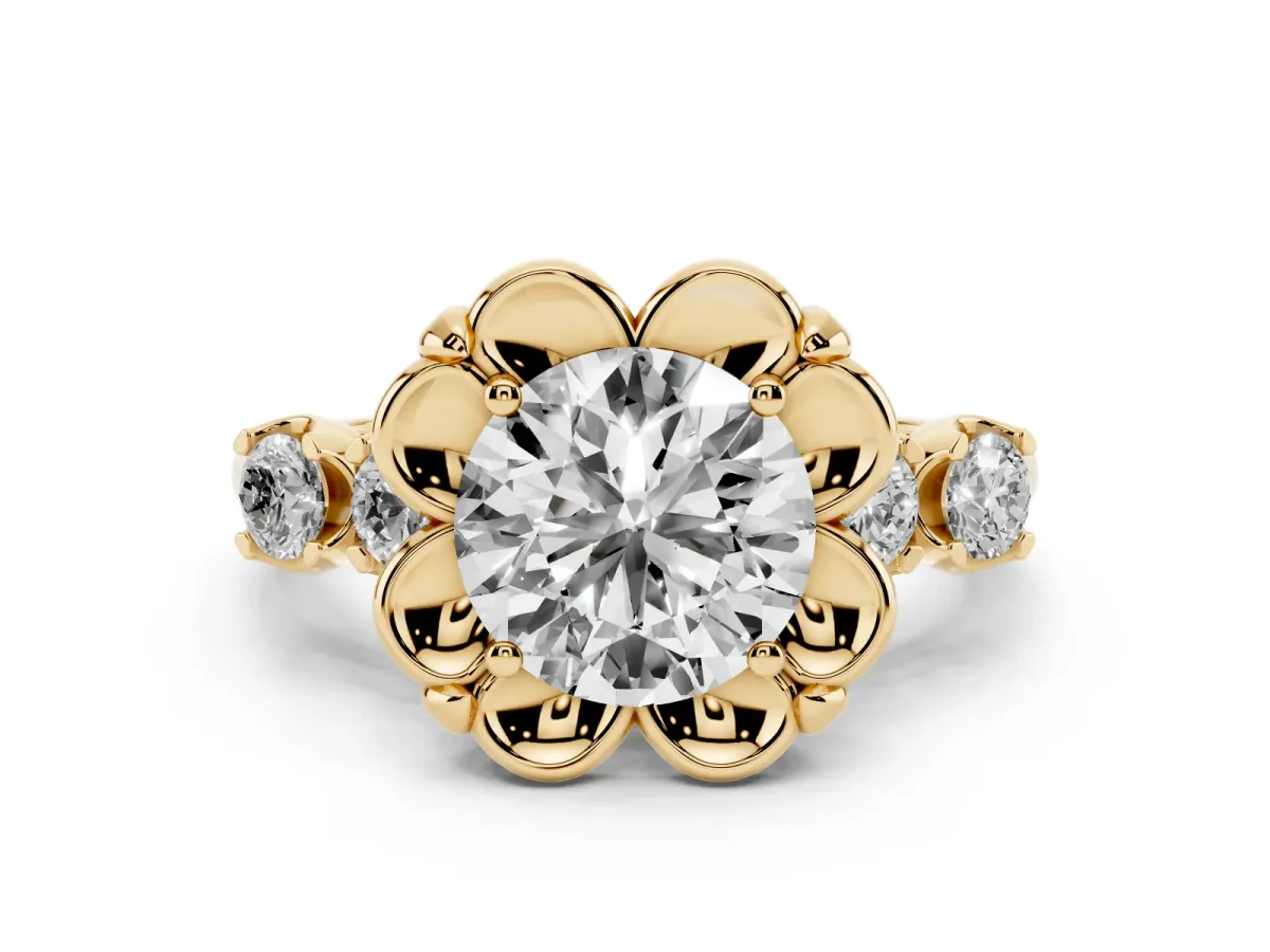 Round Cut Diamond Floral Halo Ring Set in Yellow gold with Shared Prong Band