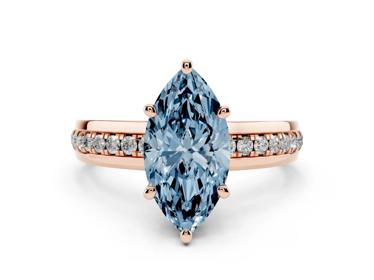 Fancy Blue Marquise Cut Diamond Solitaire Ring Set in Rose gold with Channel Set Band and Prong Setting
