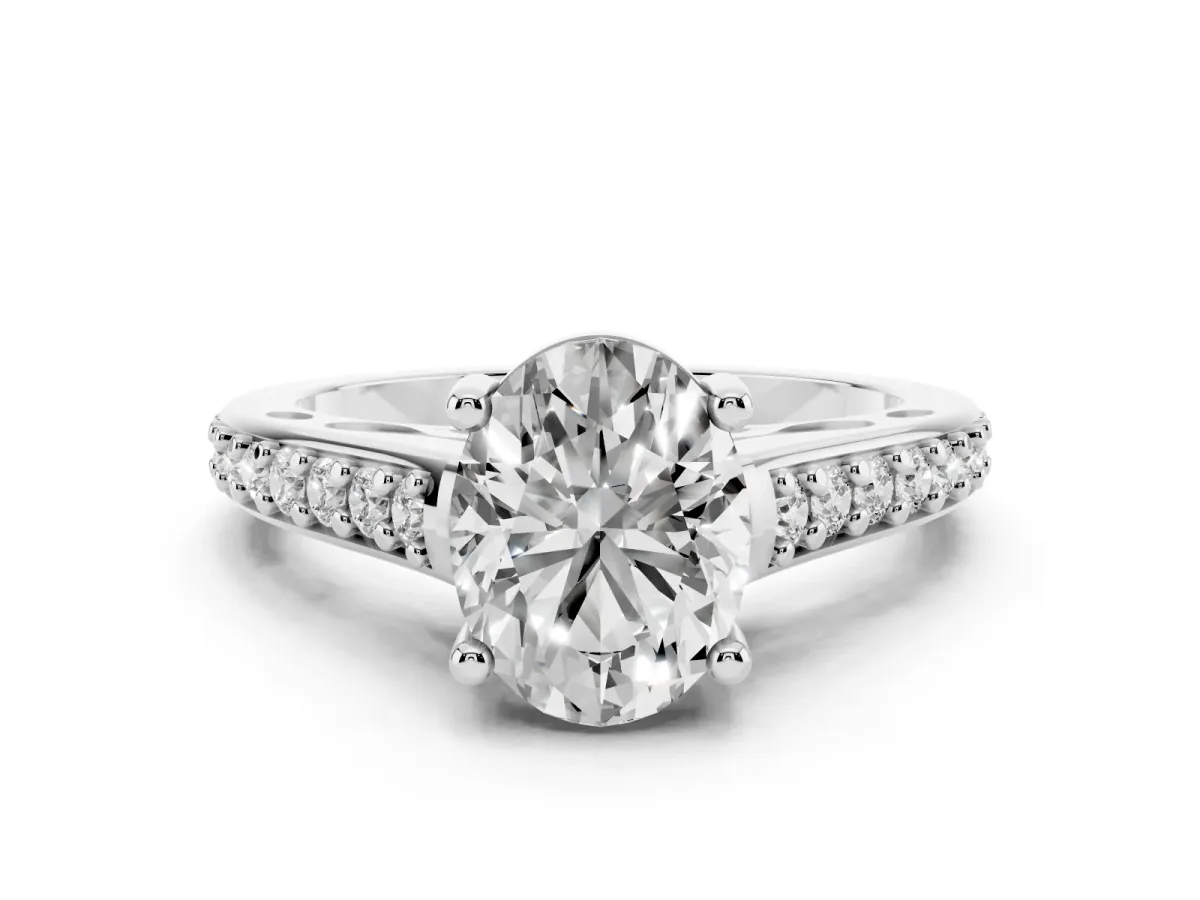 Oval Cut Diamond Prong Set Solitaire Engagement Ring Set in Silver with Pavé Band