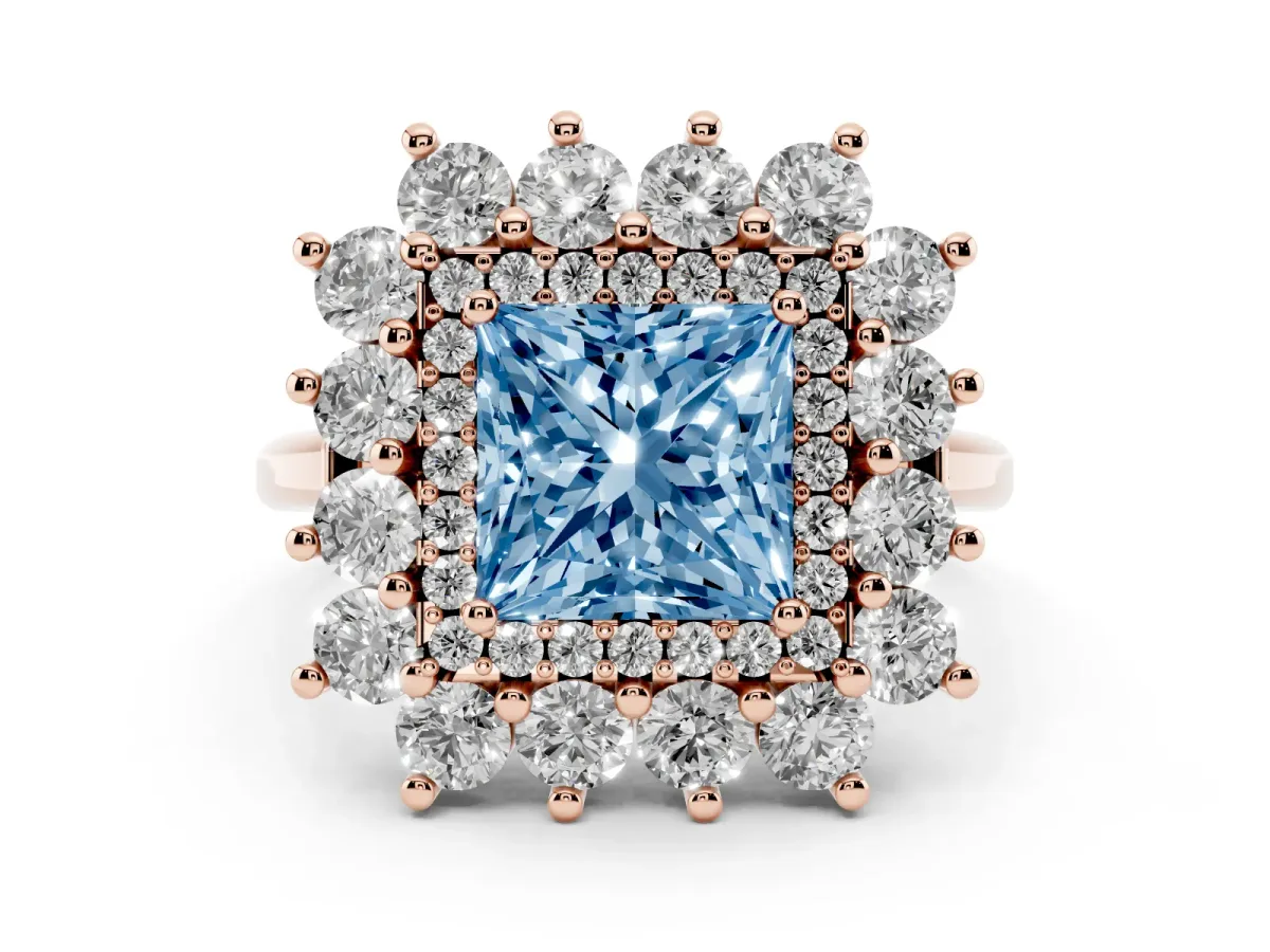Fancy Blue Princess Cut Diamond Floral Double Halo Ring Set in Rose gold with Round Petals