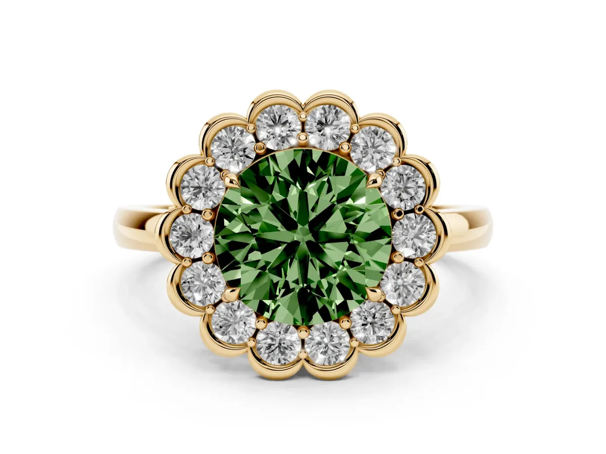 Fancy Green Round Cut Diamond Halo Cluster Engagement Ring Set in Yellow gold with Solitaire Band and Prong Setting