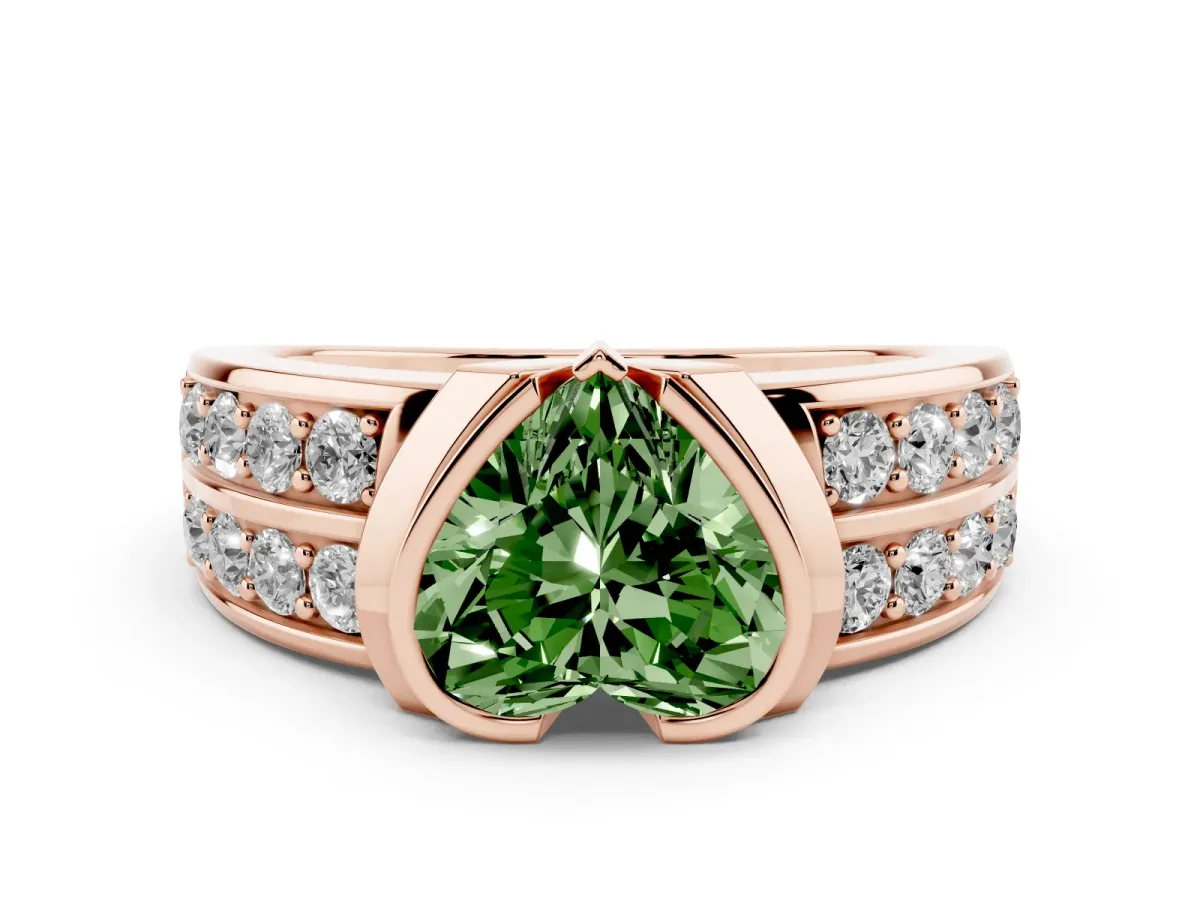 Fancy Green Heart Cut Diamond Wide Channel Set Band Ring Set in Rose gold with Bezel Setting