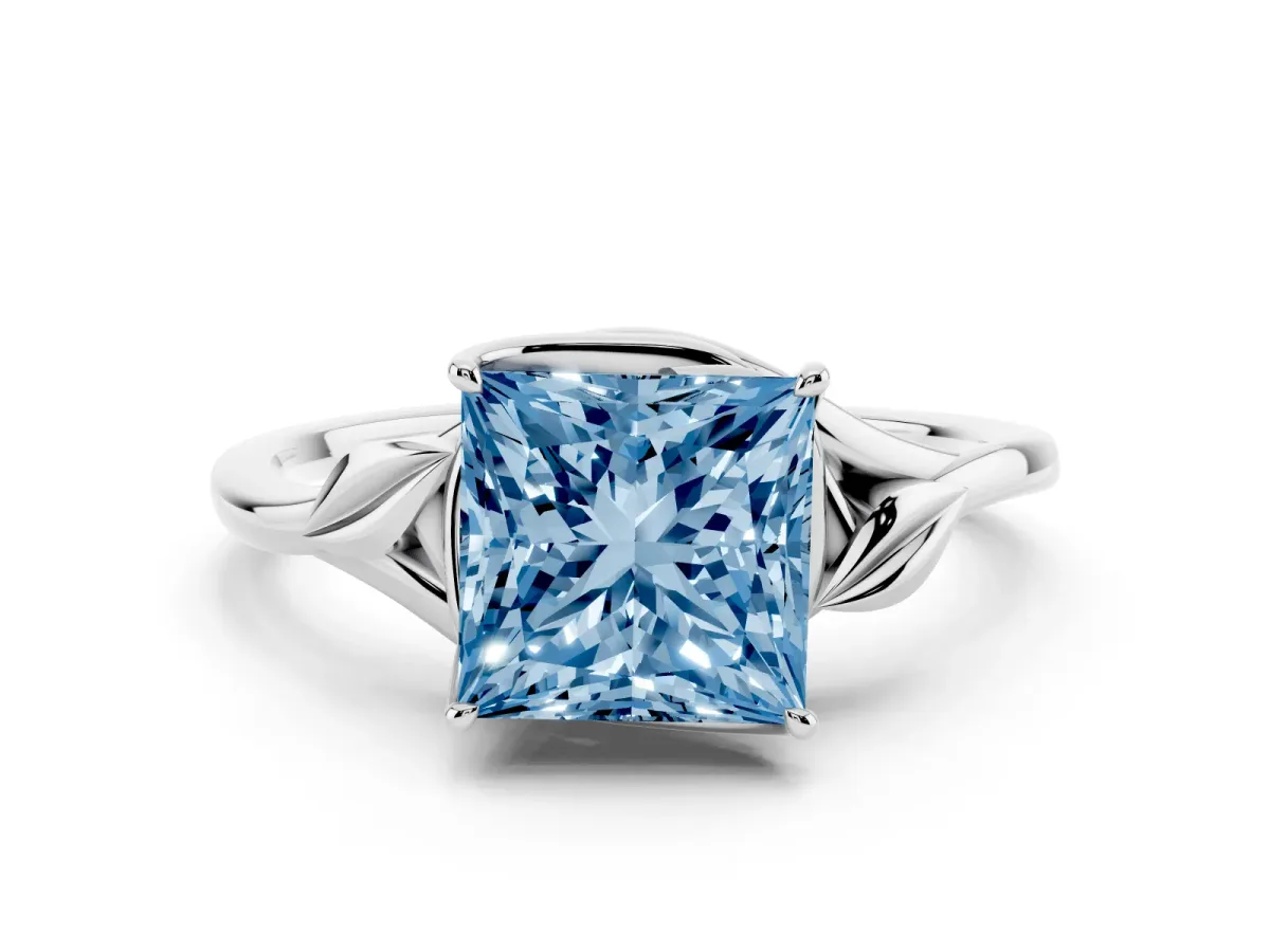Fancy Blue Princess Cut Diamond Solitaire Ring Set in Platinum with Polished Twist Band