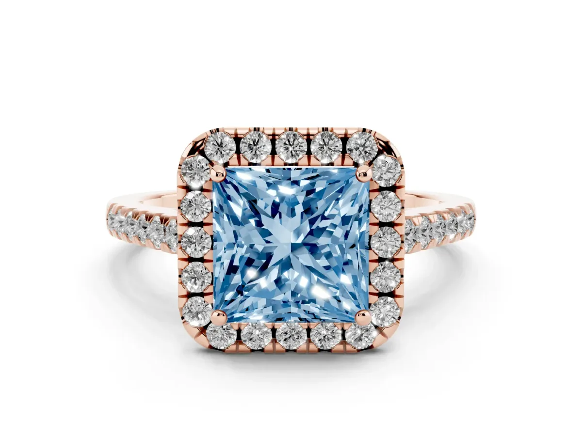 Fancy Blue Princess Cut Diamond Halo Pavé Engagement Ring Set in Rose gold with Prong Setting