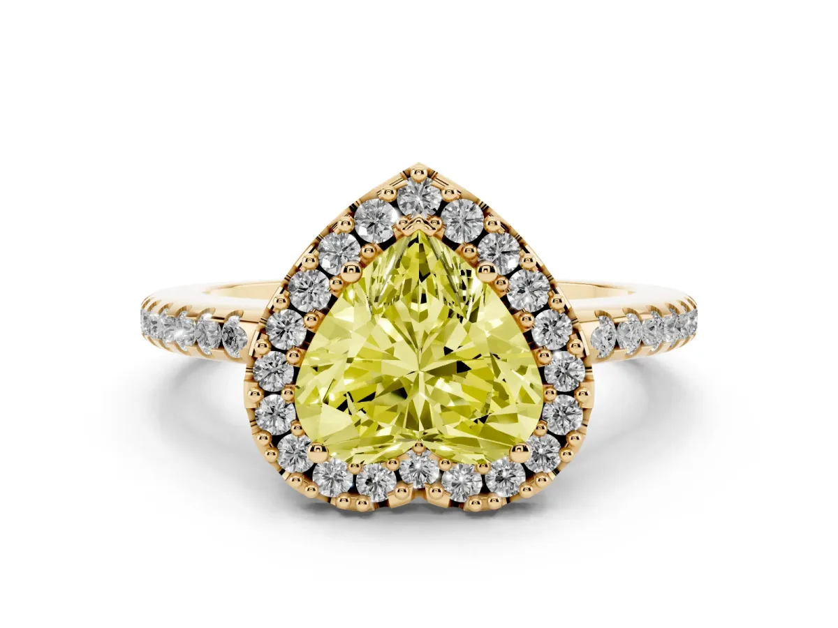 Fancy Yellow Heart Cut Diamond Pavé Halo Ring Set in Yellow gold with Prong Setting
