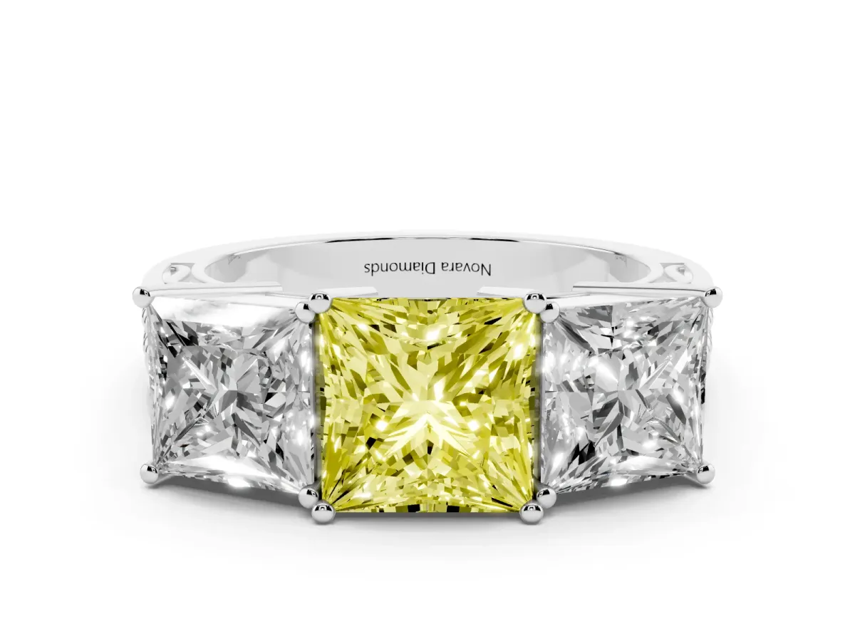 Fancy Yellow Princess Cut Diamond Three-Stone Ring Set in Platinum with Textured Band