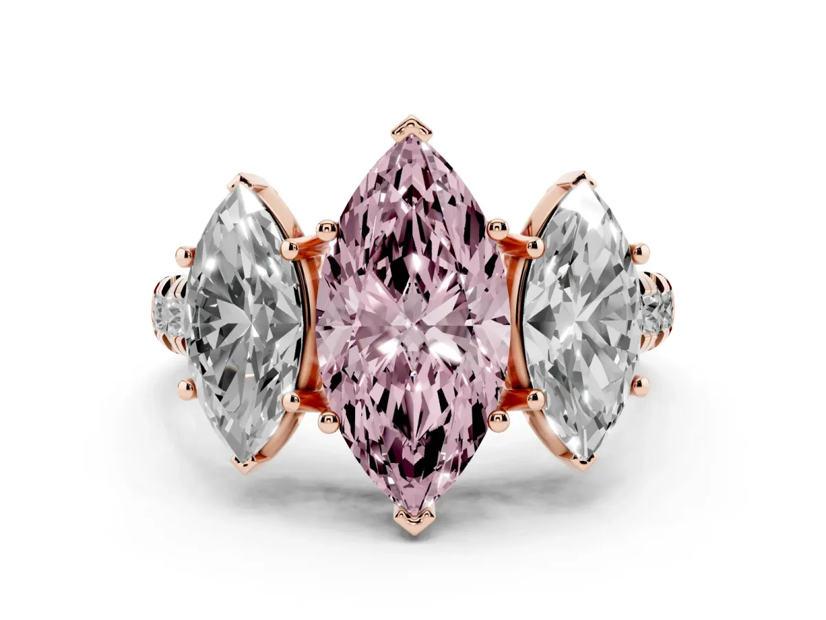 Fancy Pink Marquise Cut Diamond Three-Stone Ring Set in Rose gold with Pavé Band