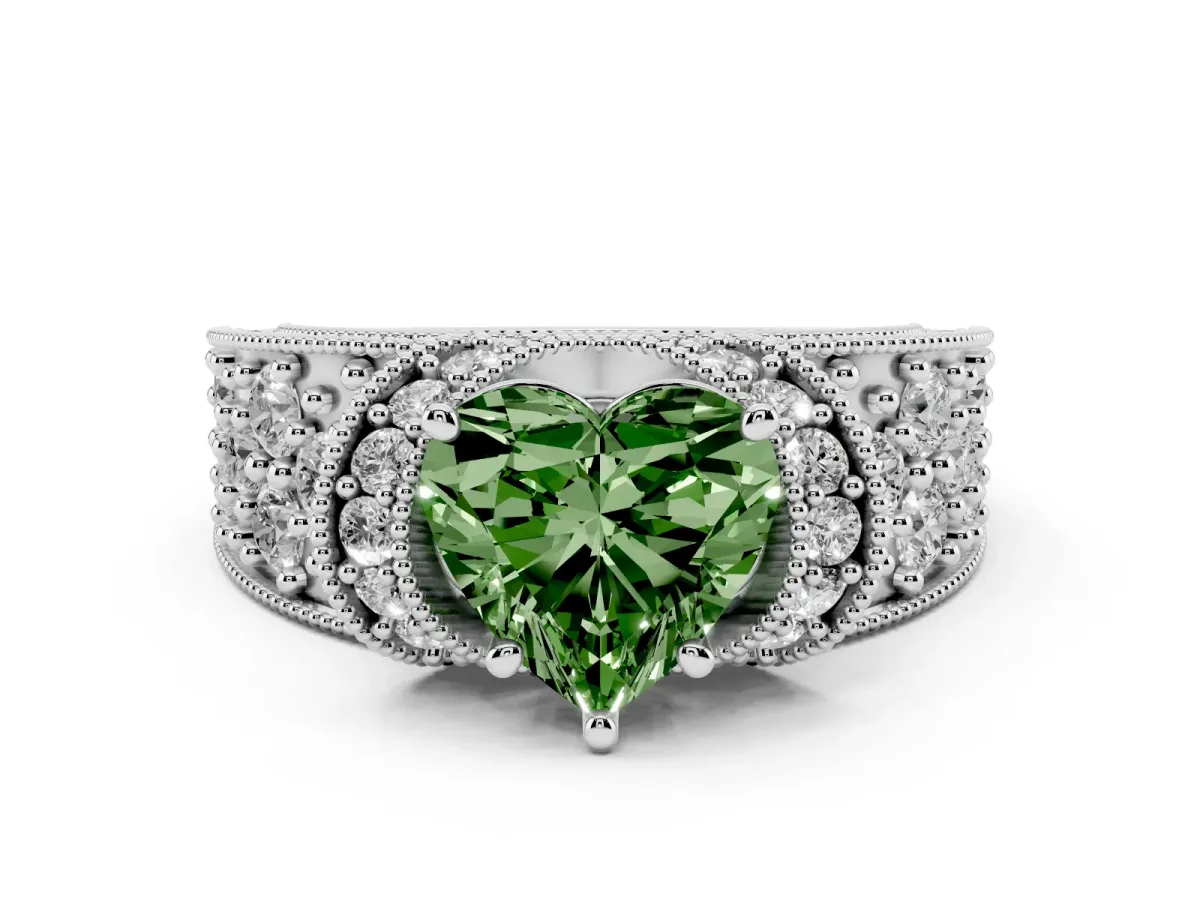 Fancy Green Heart Cut Diamond Milgrain Halo Pavé Engagement Ring Set in Silver with Prong Setting