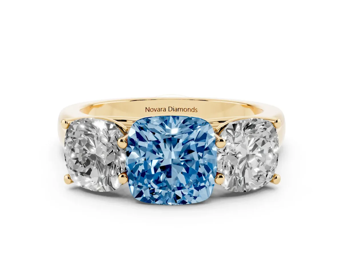 Fancy Blue Cushion Cut Diamond Three-Stone Ring Set in Yellow gold with Plain Polished Band
