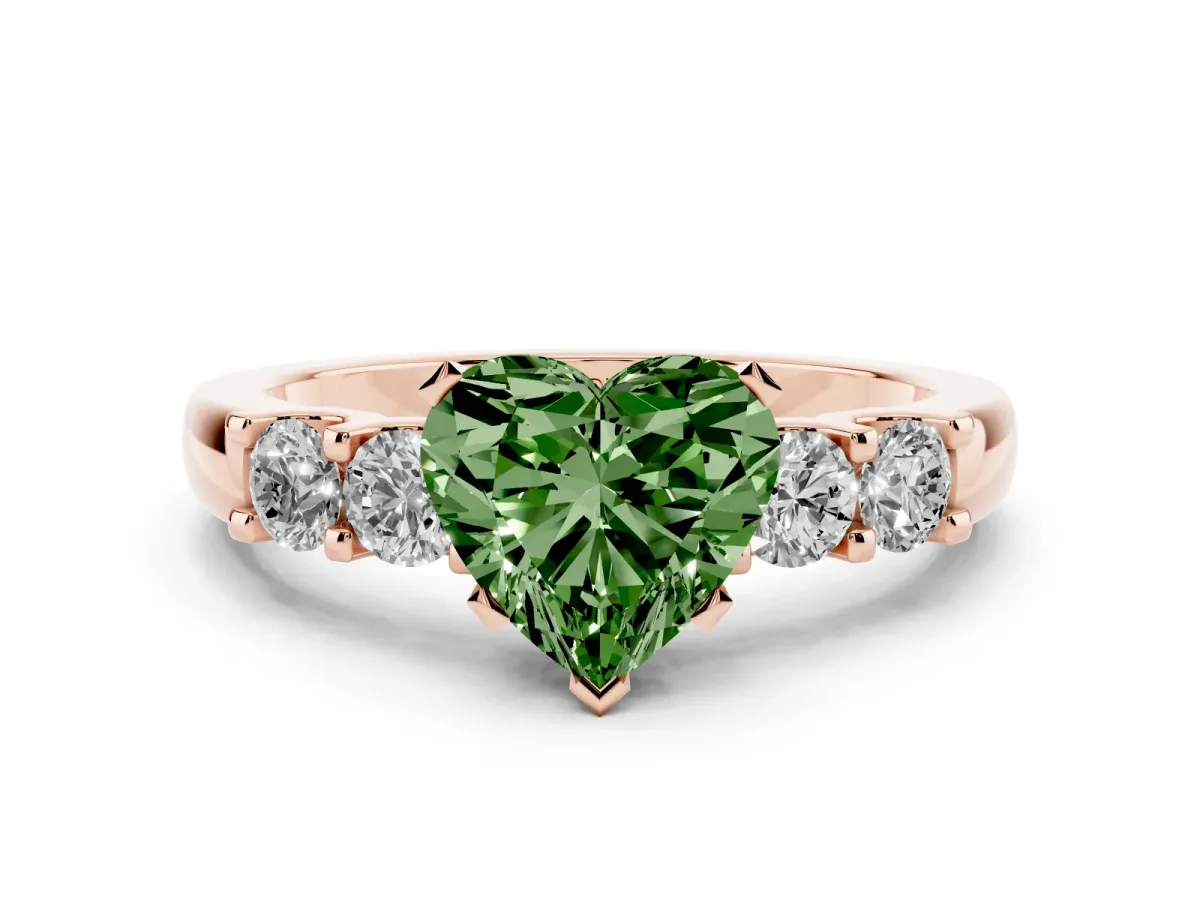Fancy Green Heart Cut Diamond Five-Stone Prong Set Engagement Ring Set in Rose gold with Channel Band