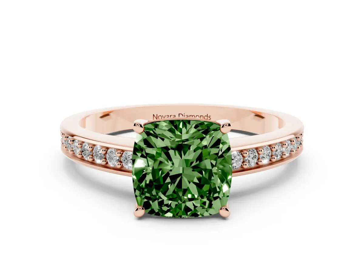 Fancy Green Cushion Cut Diamond Pavé Band Prong Set Solitaire Ring Set in Rose gold