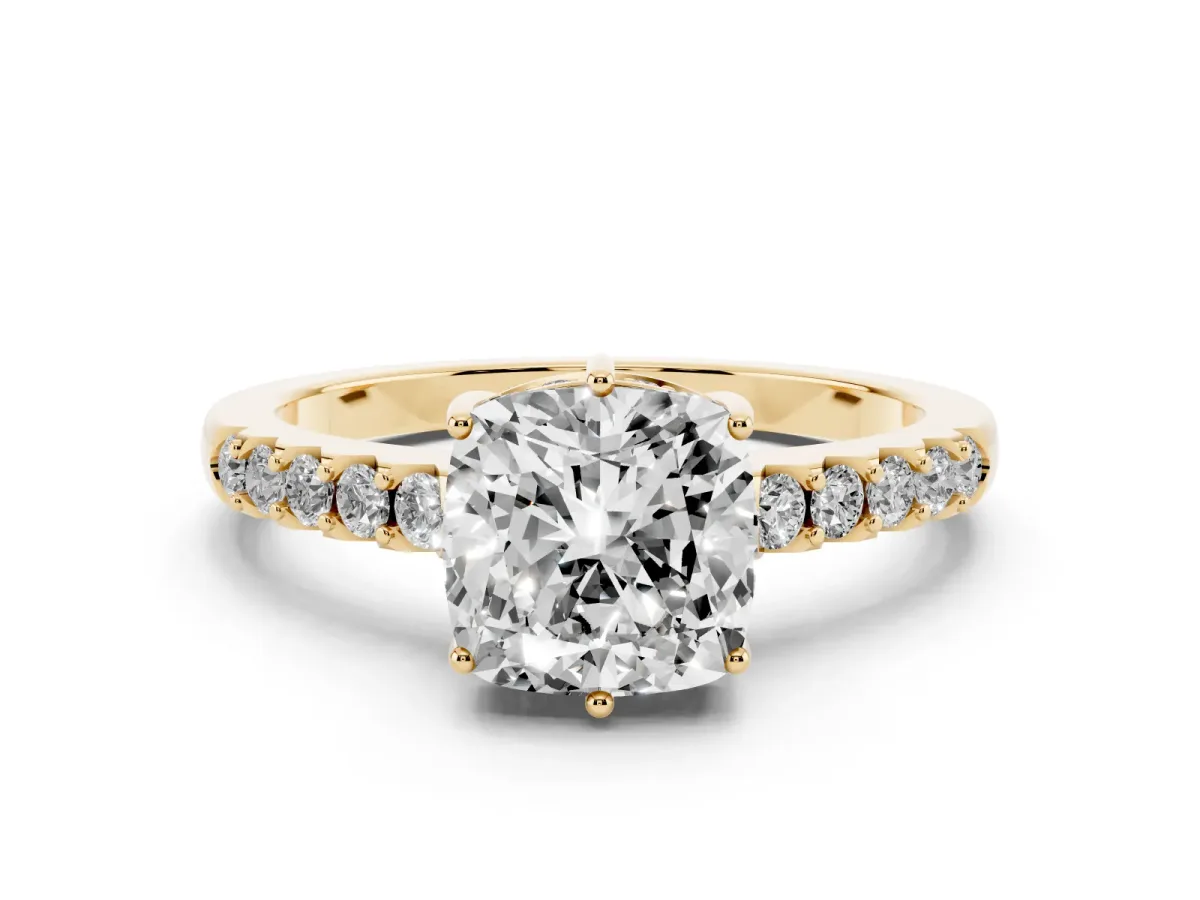 Cushion Cut Diamond Solitaire Engagement Ring Set in Yellow gold with Pavé Band and Prong Setting