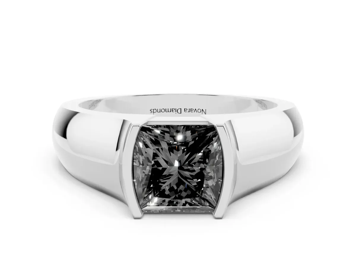 Fancy Black Princess Cut Diamond Bezel Solitaire Ring Set in Silver with Wide Band