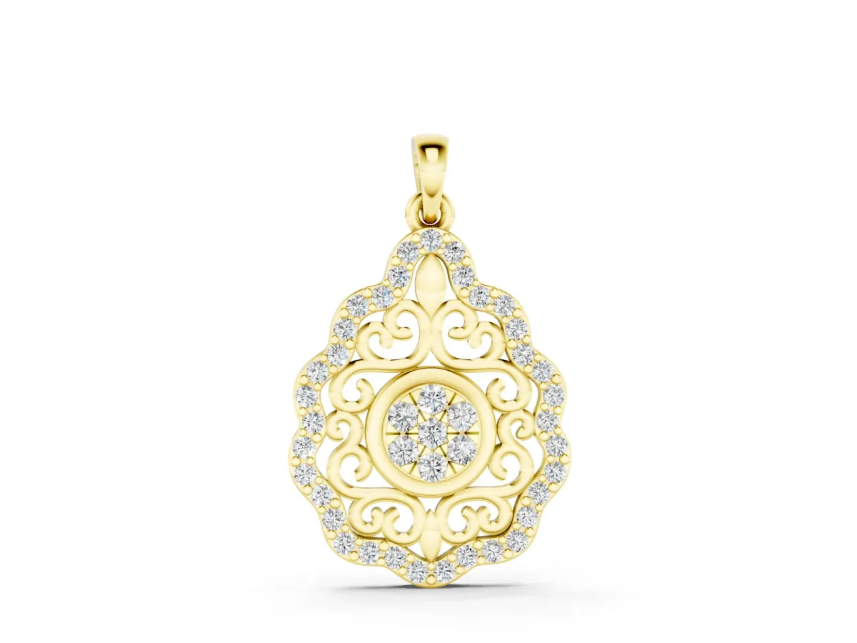 Round Diamond Halo Pendant Set in Yellow gold with Filigree Frame