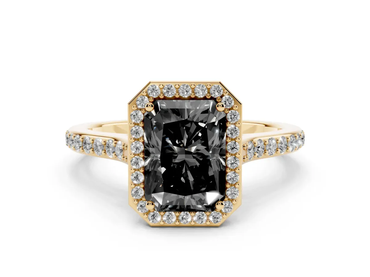 Fancy Black Radiant Cut Diamond Halo Engagement Ring Set in Yellow gold with Round Pavé Shoulders and Heart Gallery