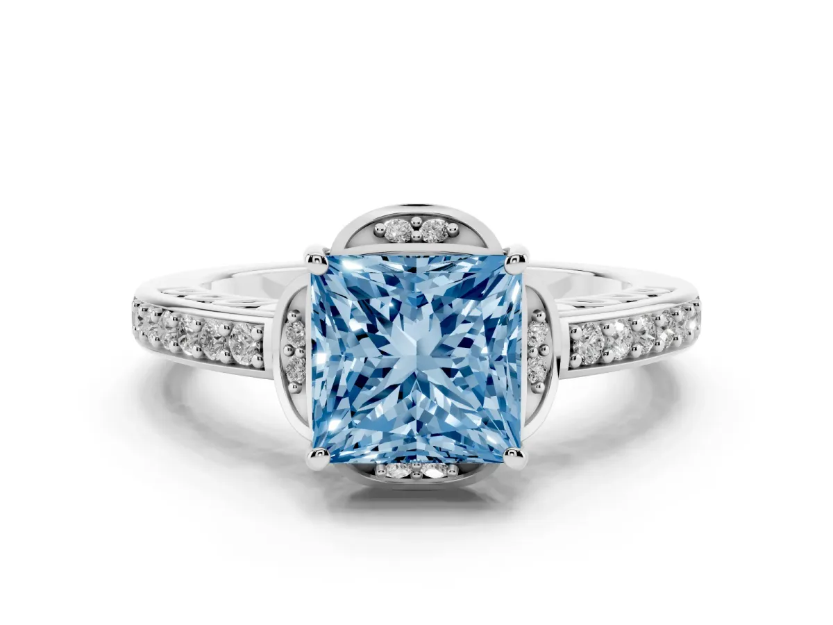 Fancy Blue Princess Cut Diamond Halo Ring Set in White gold with Channel Set Band and Prong Setting
