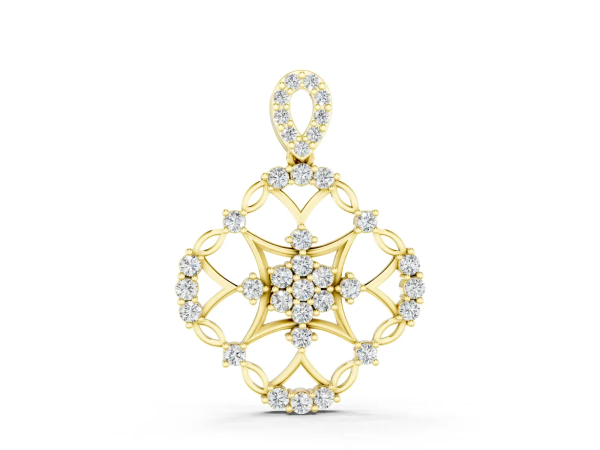 Round Diamond Halo Pendant Set in Yellow gold with Pavé Openwork