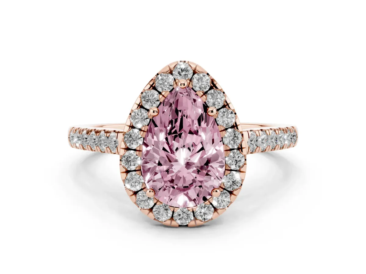 Fancy Pink Pear Cut Diamond Halo Pavé Engagement Ring Set in Rose gold with Prong Setting