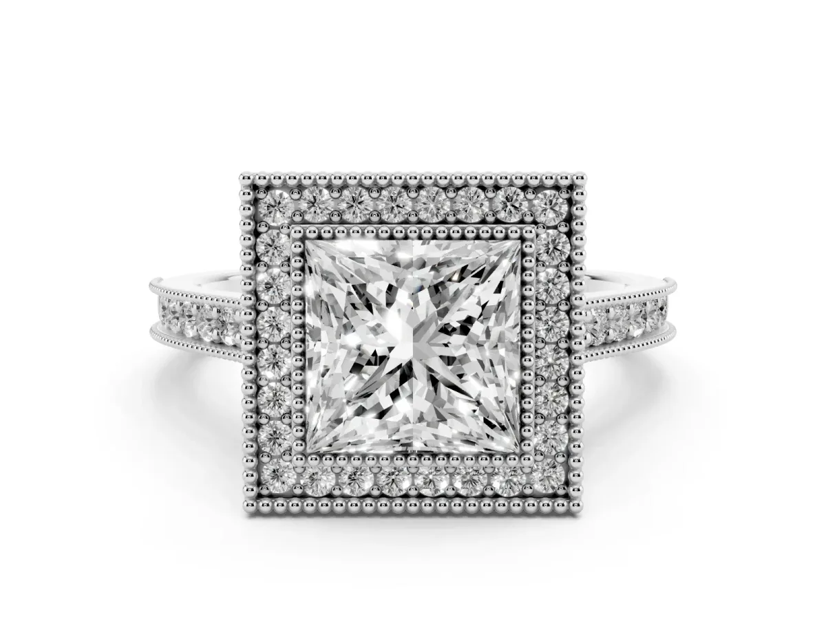 Princess Cut Diamond Halo Milgrain Pavé Band Ring Set in Platinum with Prong Setting