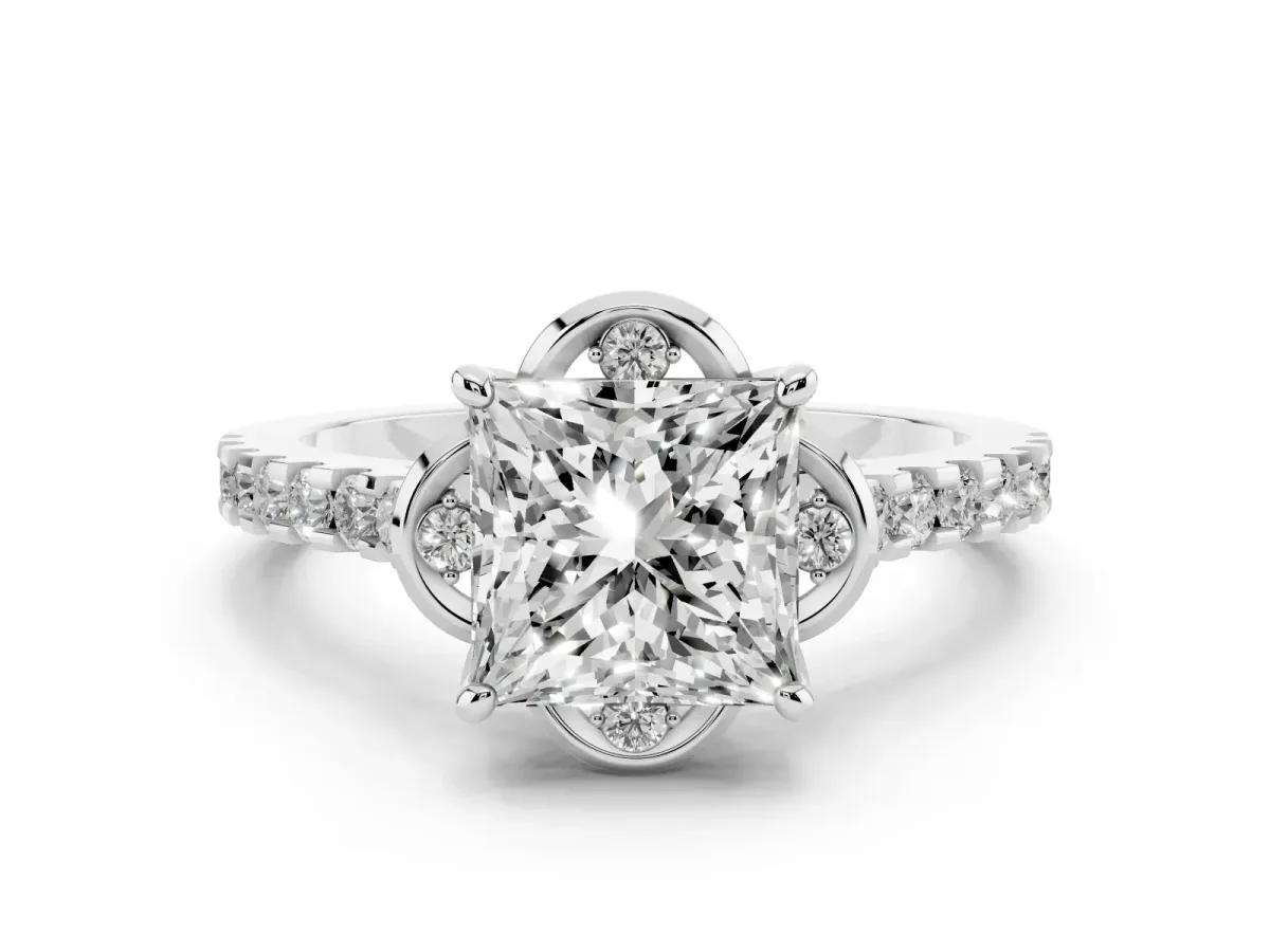 Princess Cut Diamond Solitaire Ring Set in Platinum with Pavé Band and Floral Prong Setting