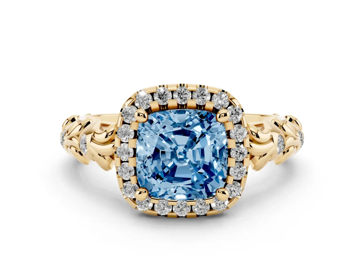 Fancy Blue Cushion Cut Diamond Halo Ring Set in Yellow gold with Filigree Leaf Band and Prong Setting