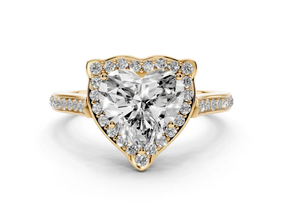 Heart Cut Diamond Halo Ring Set in Yellow gold with Pavé-Lined Shoulders and Prong Setting