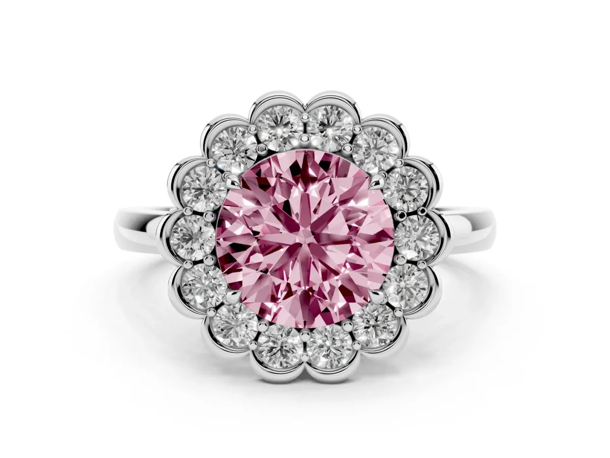 Fancy Pink Round Cut Diamond Halo Cluster Engagement Ring Set in Platinum with Solitaire Band and Prong Setting
