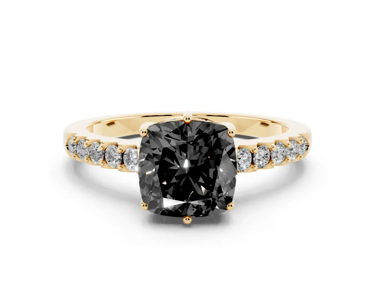 Fancy Black Cushion Cut Diamond Solitaire Engagement Ring Set in Yellow gold with Pavé Band and Prong Setting