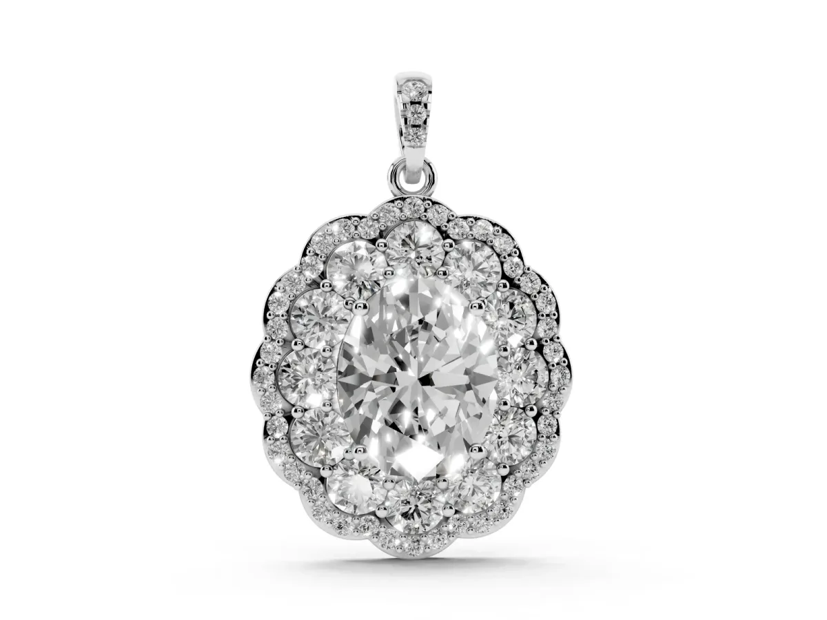 Oval Diamond Floral Halo Pendant Set in White gold with Accent Halo