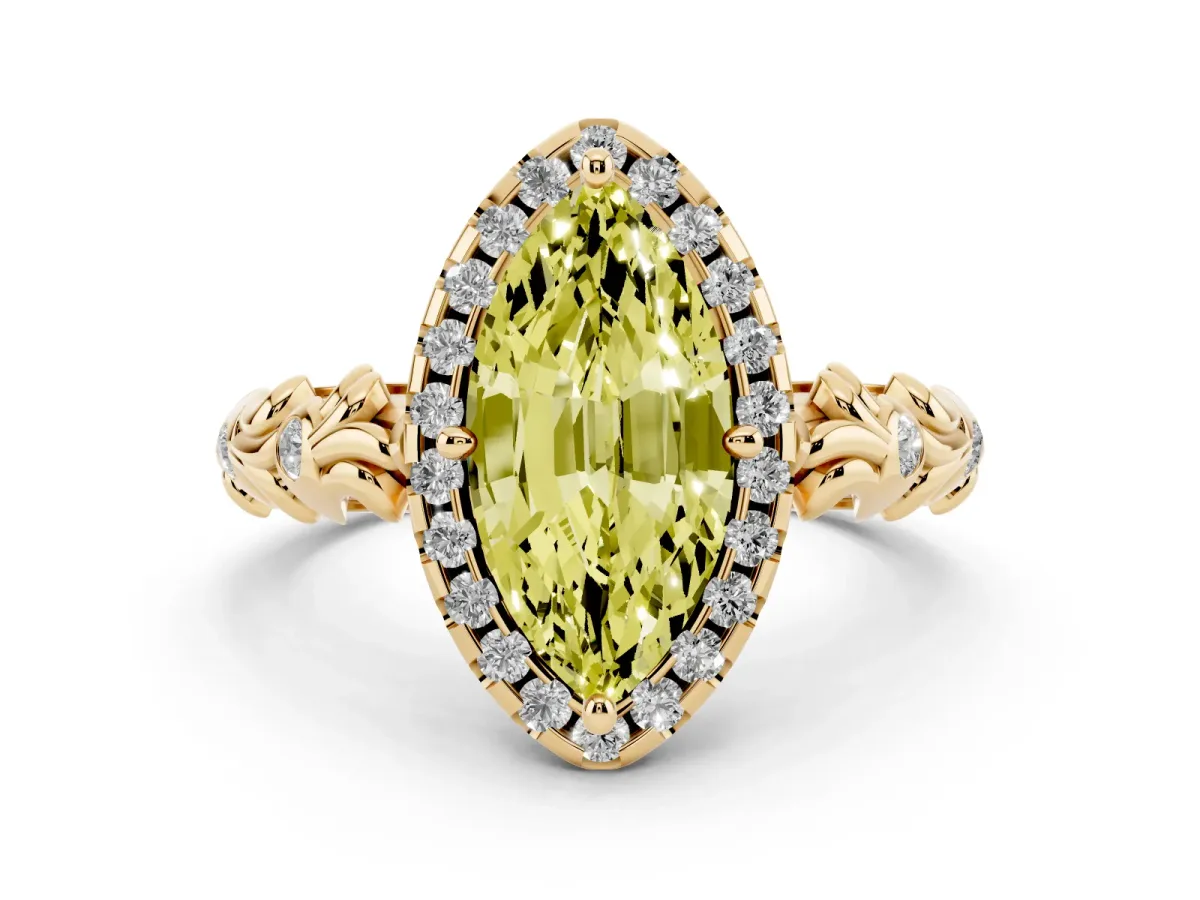 Fancy Yellow Marquise Cut Diamond Halo Ring Set in Yellow gold with Filigree Leaf Band and Prong Setting
