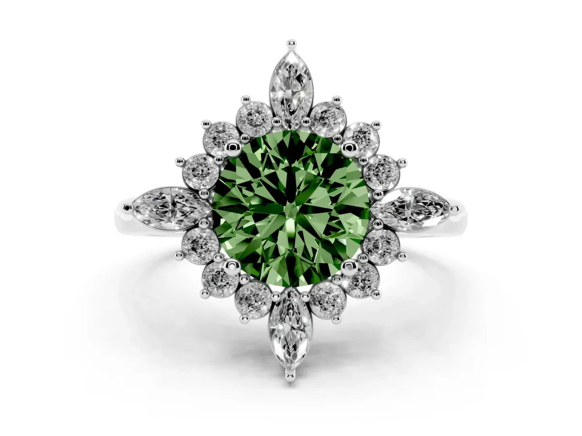 Fancy Green Round Cut Diamond Cluster Halo Ring Set in White gold with Marquise and Round Accents