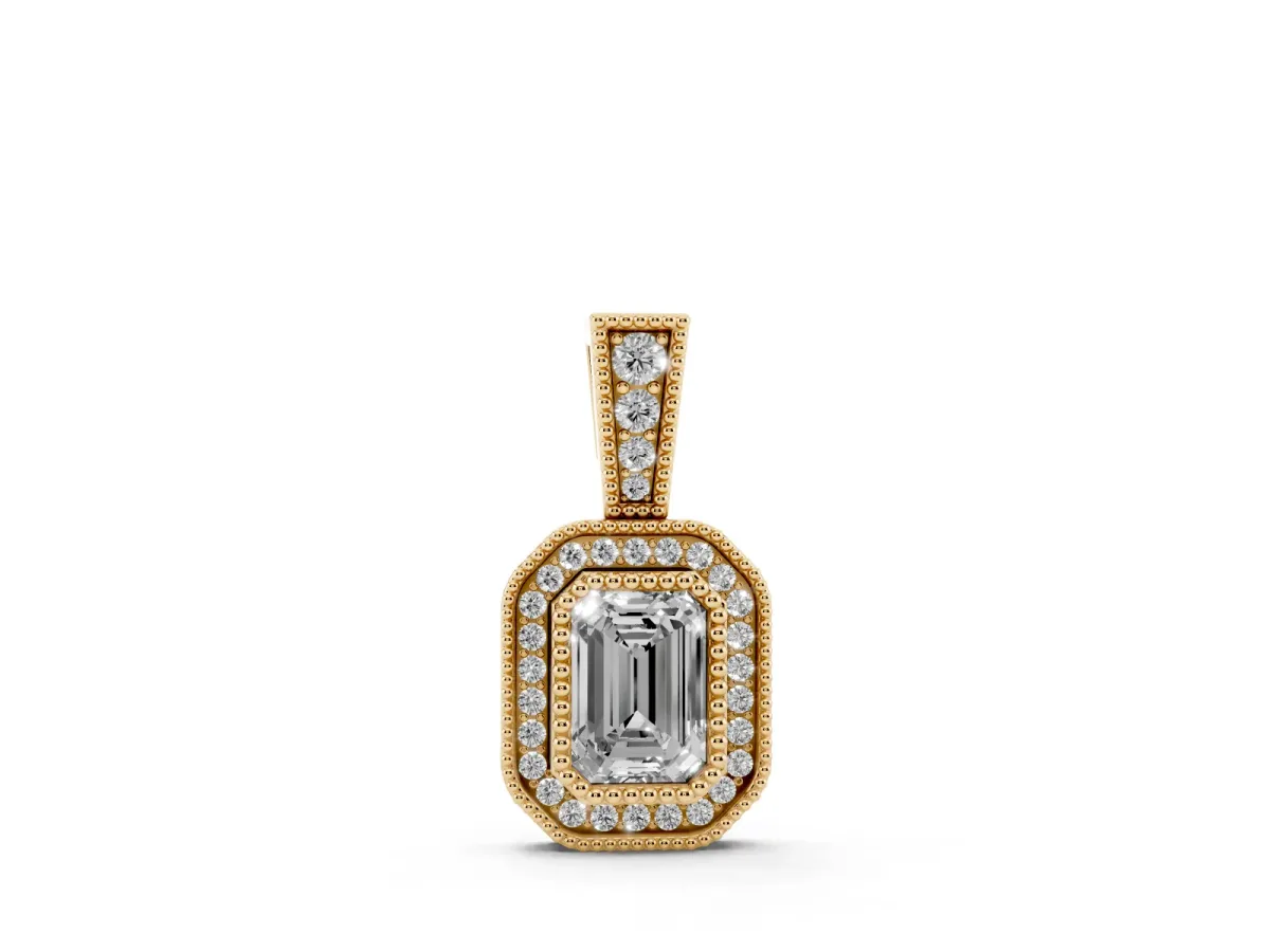 Emerald Cut Halo Diamond Pendant Set in Yellow gold with Pavé Halo