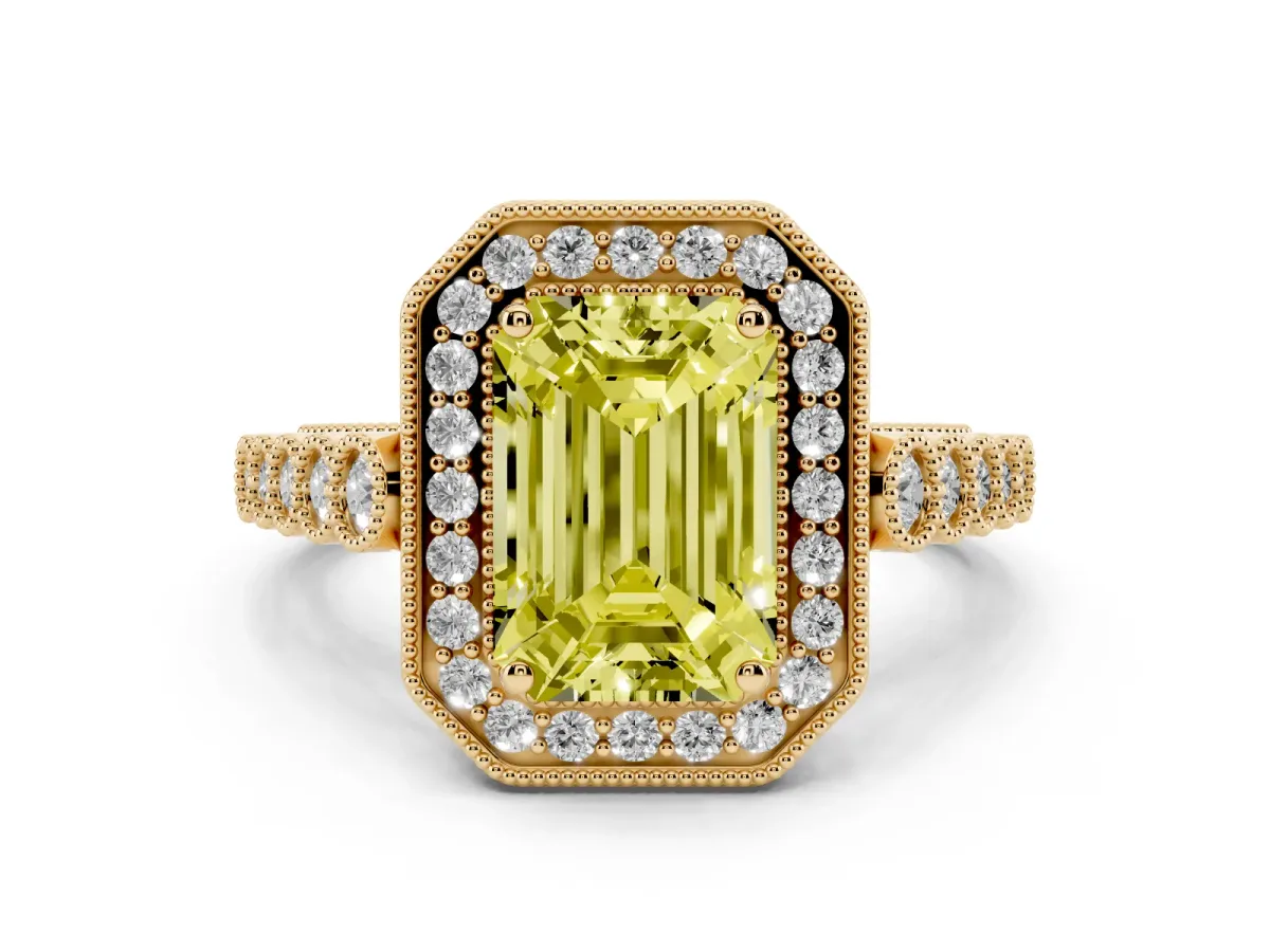 Fancy Yellow Emerald Cut Diamond Milgrain Halo Solitaire Ring Set in Yellow gold with Bezel Set Side Stones and Pavé Band