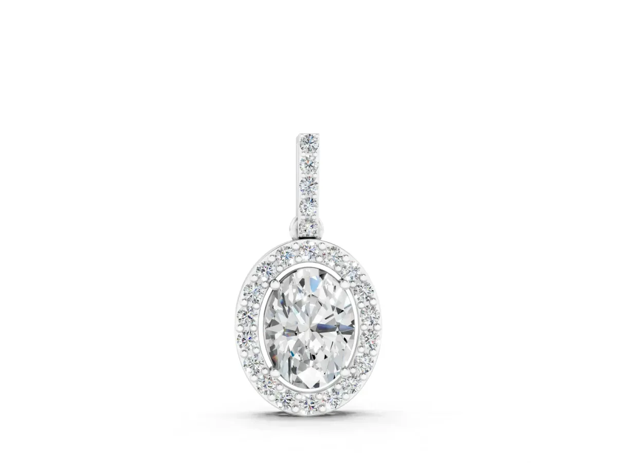 Oval Diamond Halo Pendant Set in Silver with Prong-Set Centerpiece