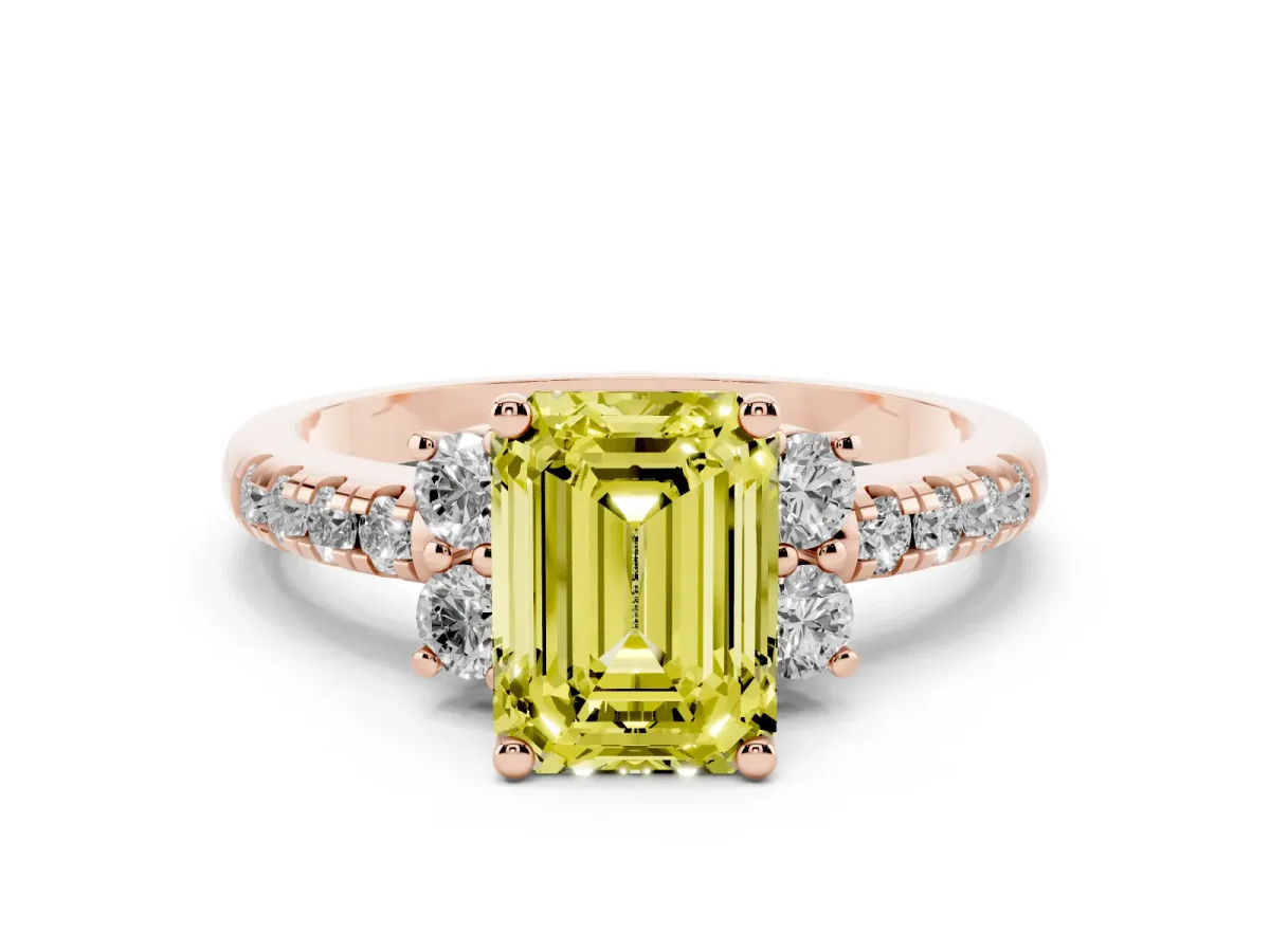 Fancy Yellow Emerald Cut Diamond Three-Stone Pavé Ring Set in Rose gold with Prong Setting